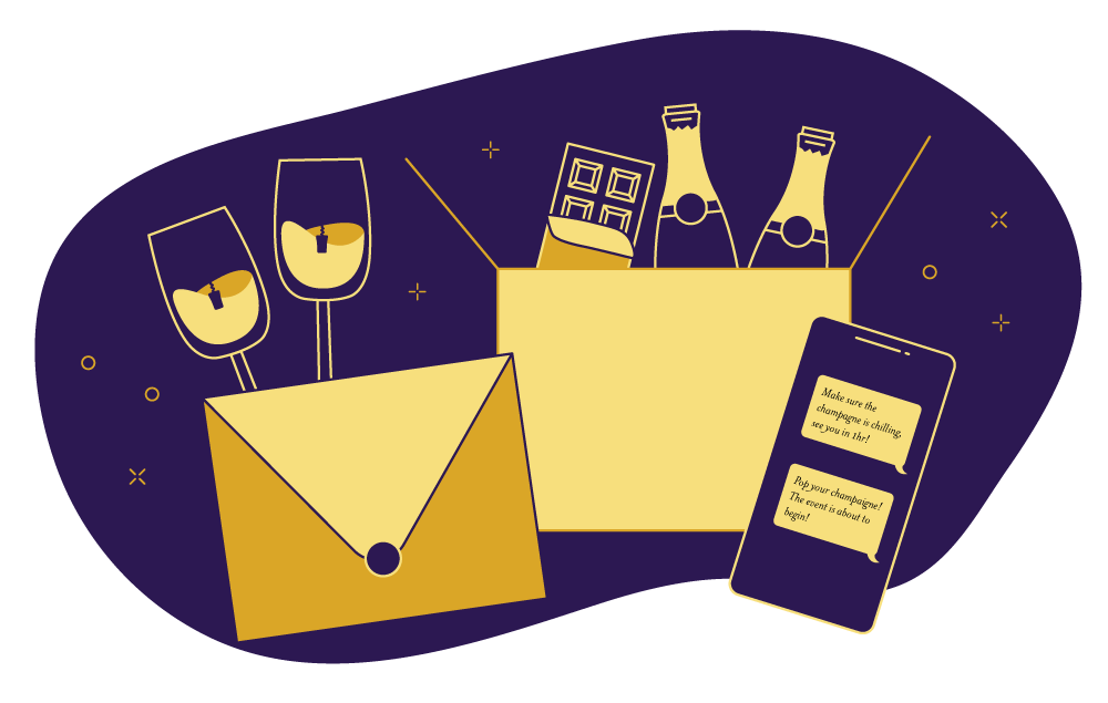 Illustration of a pre-shipment tasting kit with wine, chocolate and a phone reminder
