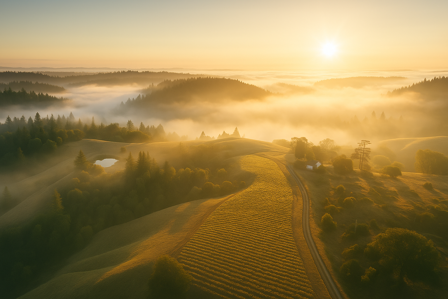 Aerial view of rolling vineyard hills at golden sunrise with morning fog