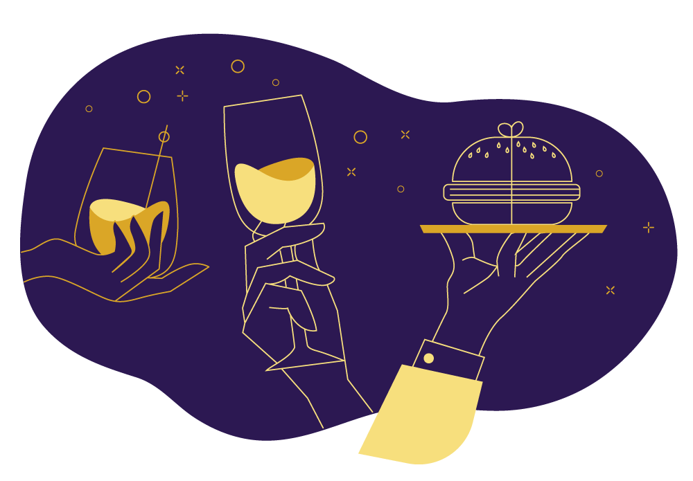 Illustration of hands holding a wine glass and a food cloche