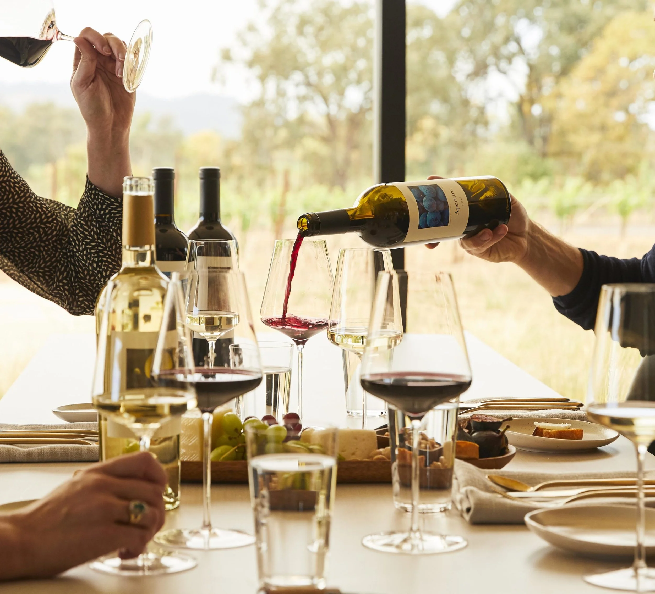 Wine being poured into glasses at a tasting table with a vineyard view