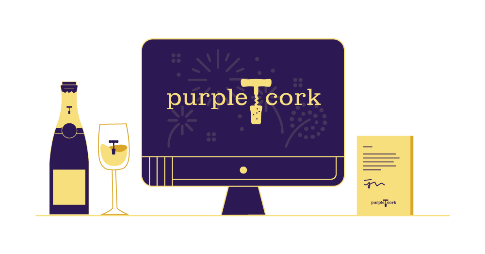Illustration of a branded virtual event with a Purple Cork monitor and champagne