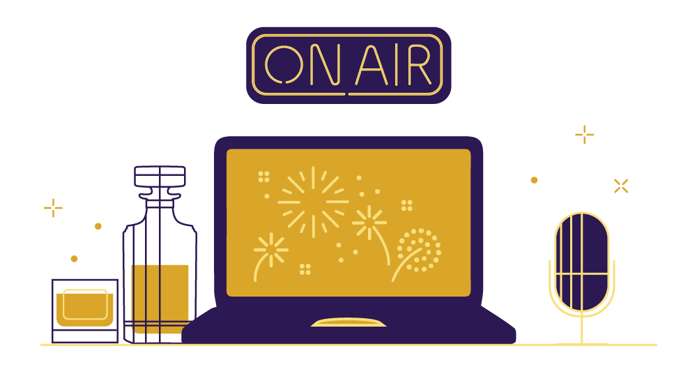 Illustration of a live virtual broadcast with an ON AIR sign and laptop