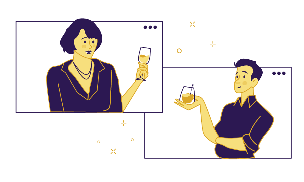 Illustration of two virtual meeting participants holding wine glasses