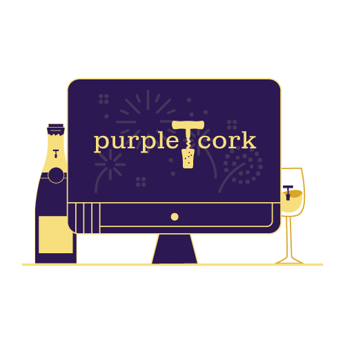 Illustration of a Purple Cork branded monitor with champagne and a wine glass