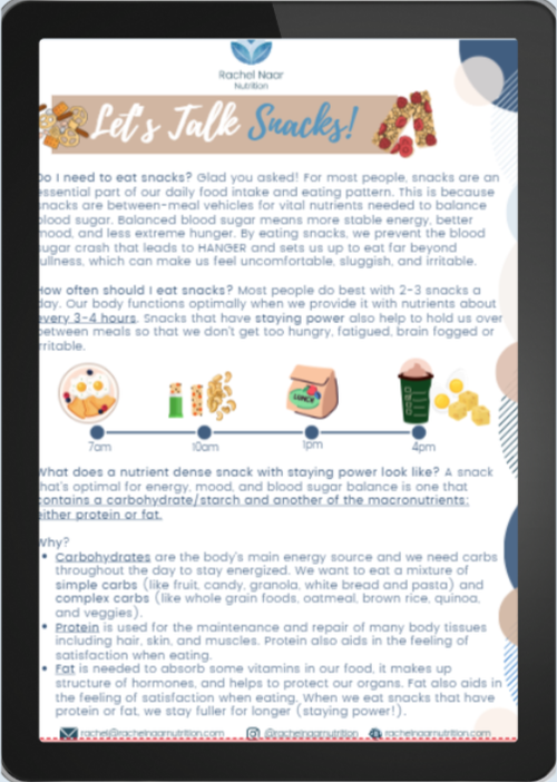 Preview of the Let's Talk Snacks! PDF handout shown on a tablet