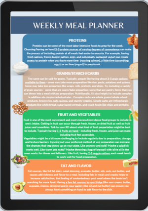 Preview of the navy Weekly Meal Planner PDF shown on a tablet