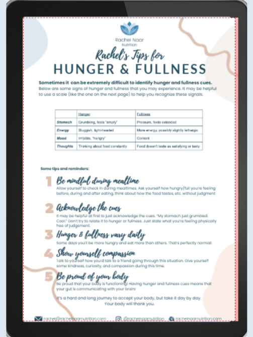 Preview of Rachel's Tips for Hunger & Fullness PDF handout shown on a tablet