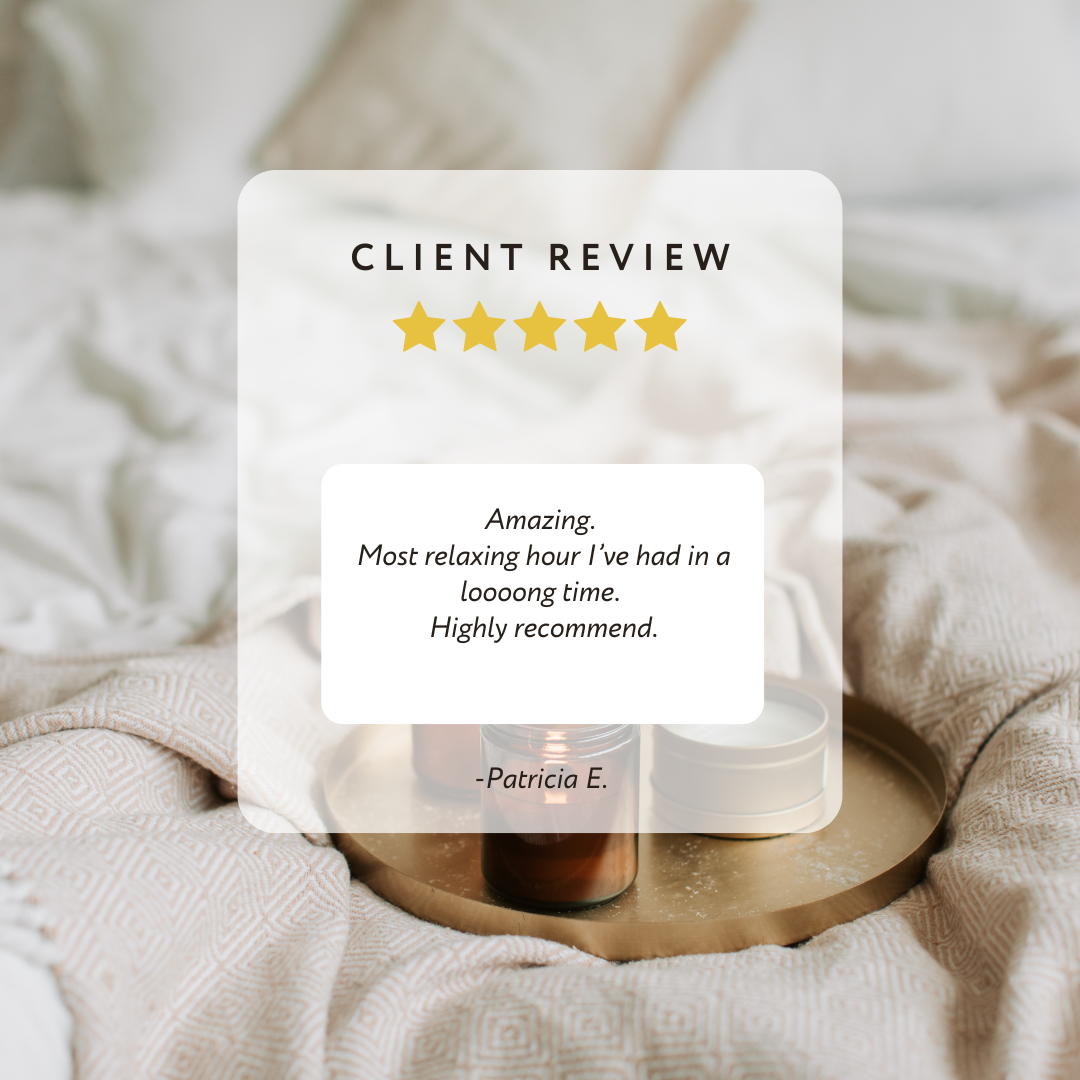 Five-star client review from Patricia E. on a cozy linen background