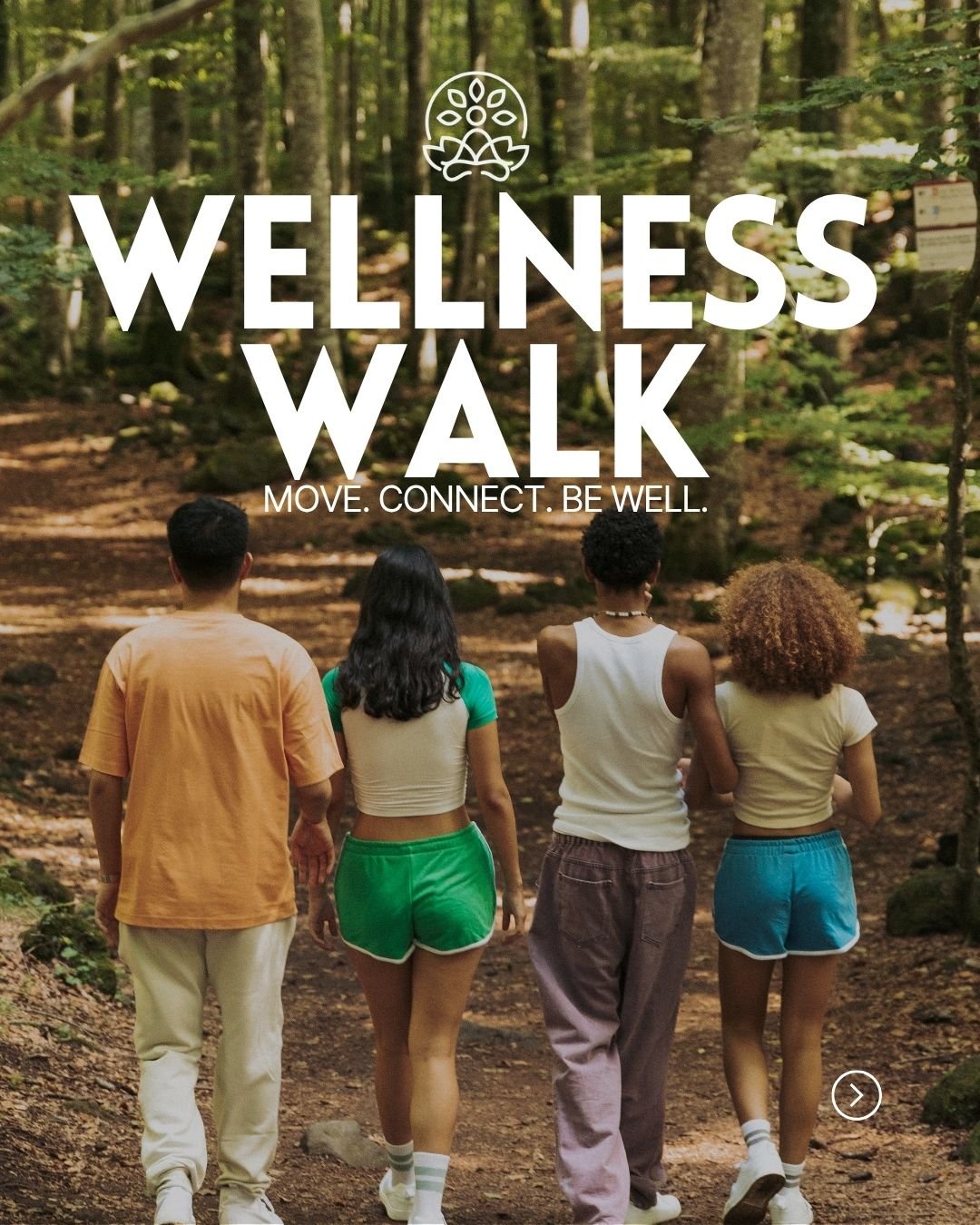 Four people walking away on a forest trail — Wellness Walk graphic