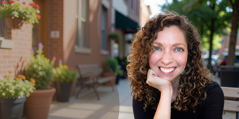 Raven Bonniwell smiling with her chin resting on her hand, seated outdoors on a city street with flower pots and brick buildings behind her