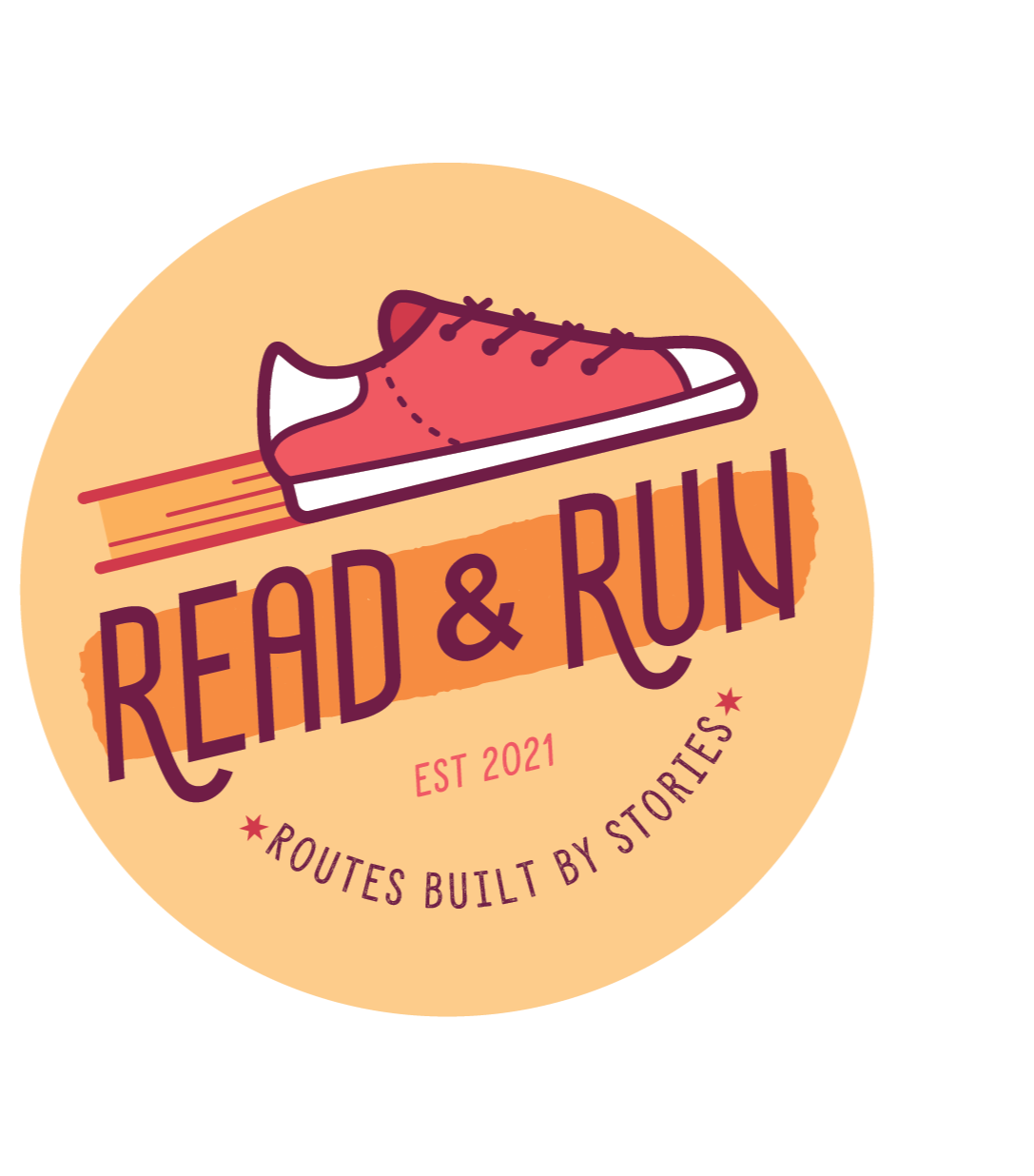 Read & Run Tours circular logo with illustrated red sneaker and the tagline Est 2021, routes built by stories