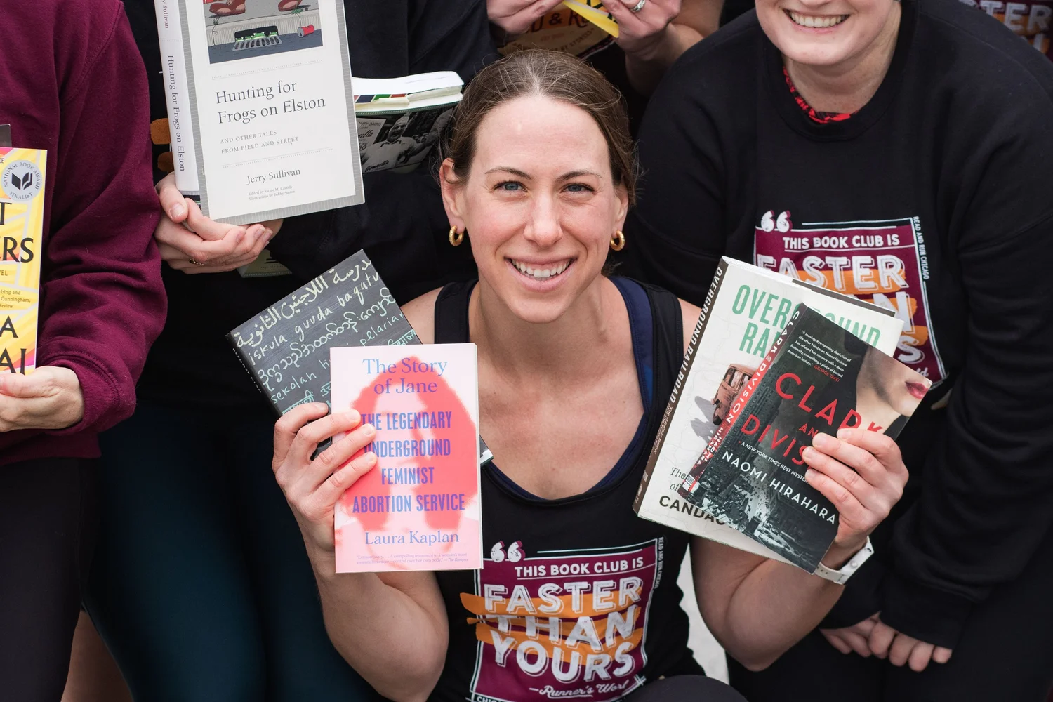 Allison Yates, founder of Read & Run Tours, at an outdoor book-run event with participants.