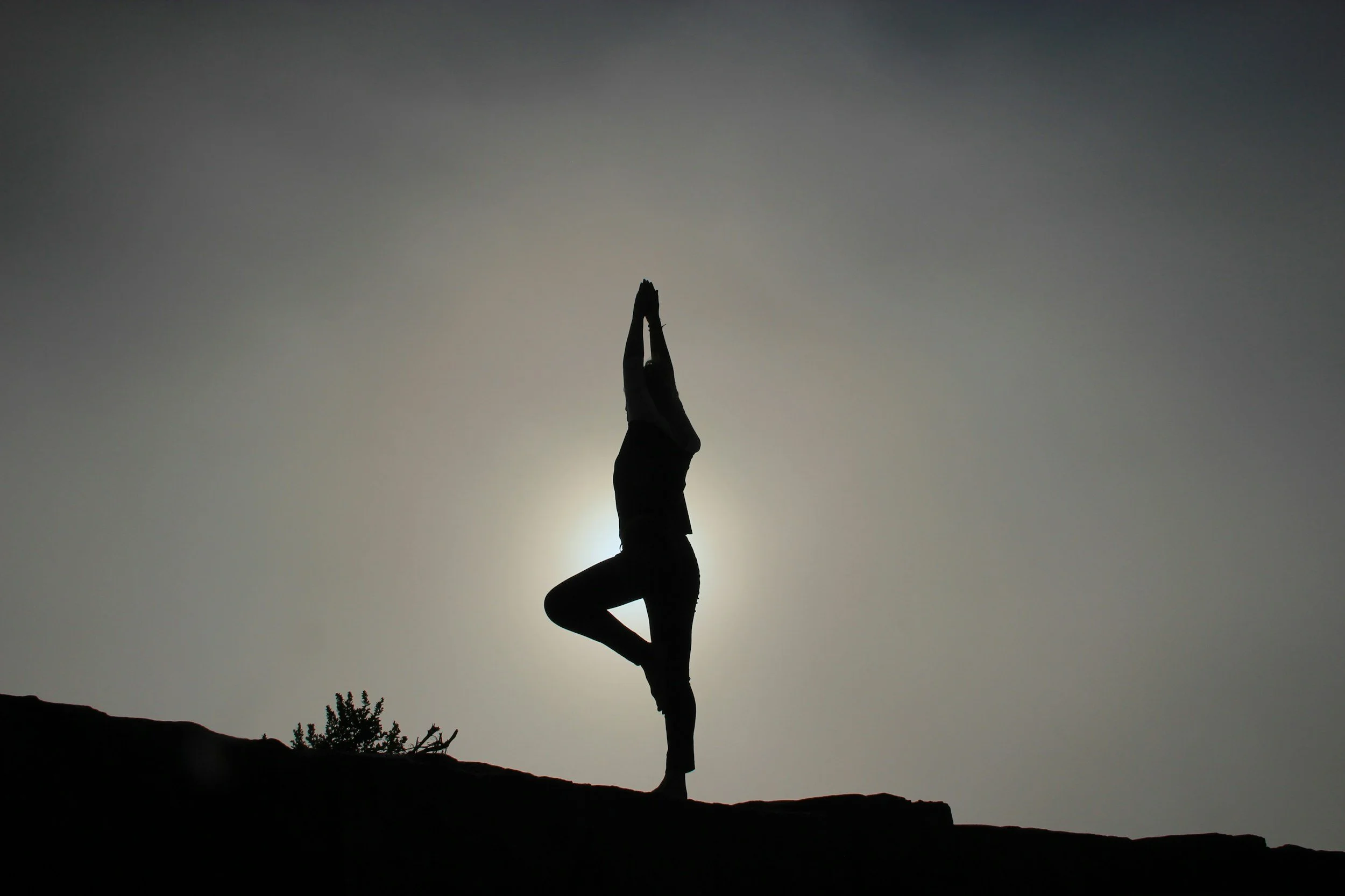 Silhouette of a person in tree pose against a hazy sun