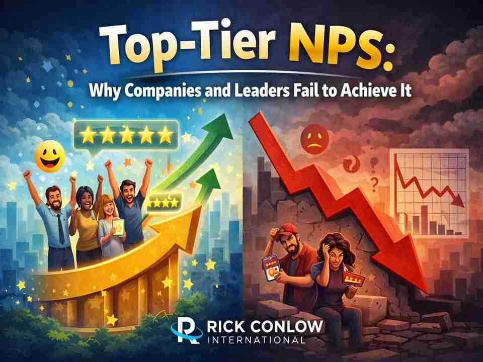 Top-Tier NPS: Why Companies and Leaders Fail to Achieve It — illustrated happy and unhappy teams with arrows