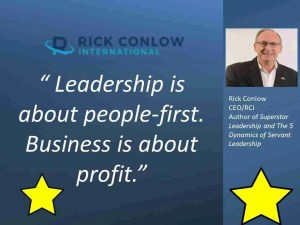 Quote card with Rick Conlow: ‘Leadership is about people-first. Business is about profit.’