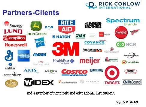 Rick Conlow International Partners-Clients logo collage including 3M, Costco, Target, John Deere, Coca-Cola, Honeywell, Accenture, Rite Aid, Meijer, Spectrum Brands, NCR, Entergy, American Express, Amgen and HealthEast