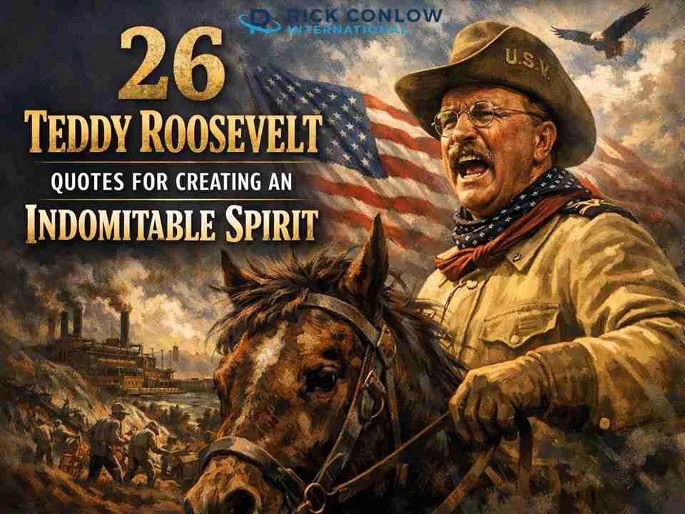 26 Teddy Roosevelt Quotes for Creating an Indomitable Spirit — painted illustration of Roosevelt on horseback with the American flag