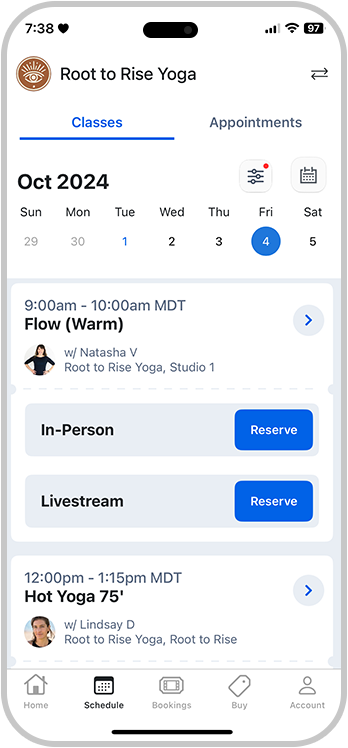 The Root to Rise class schedule shown in the Walla app on a phone