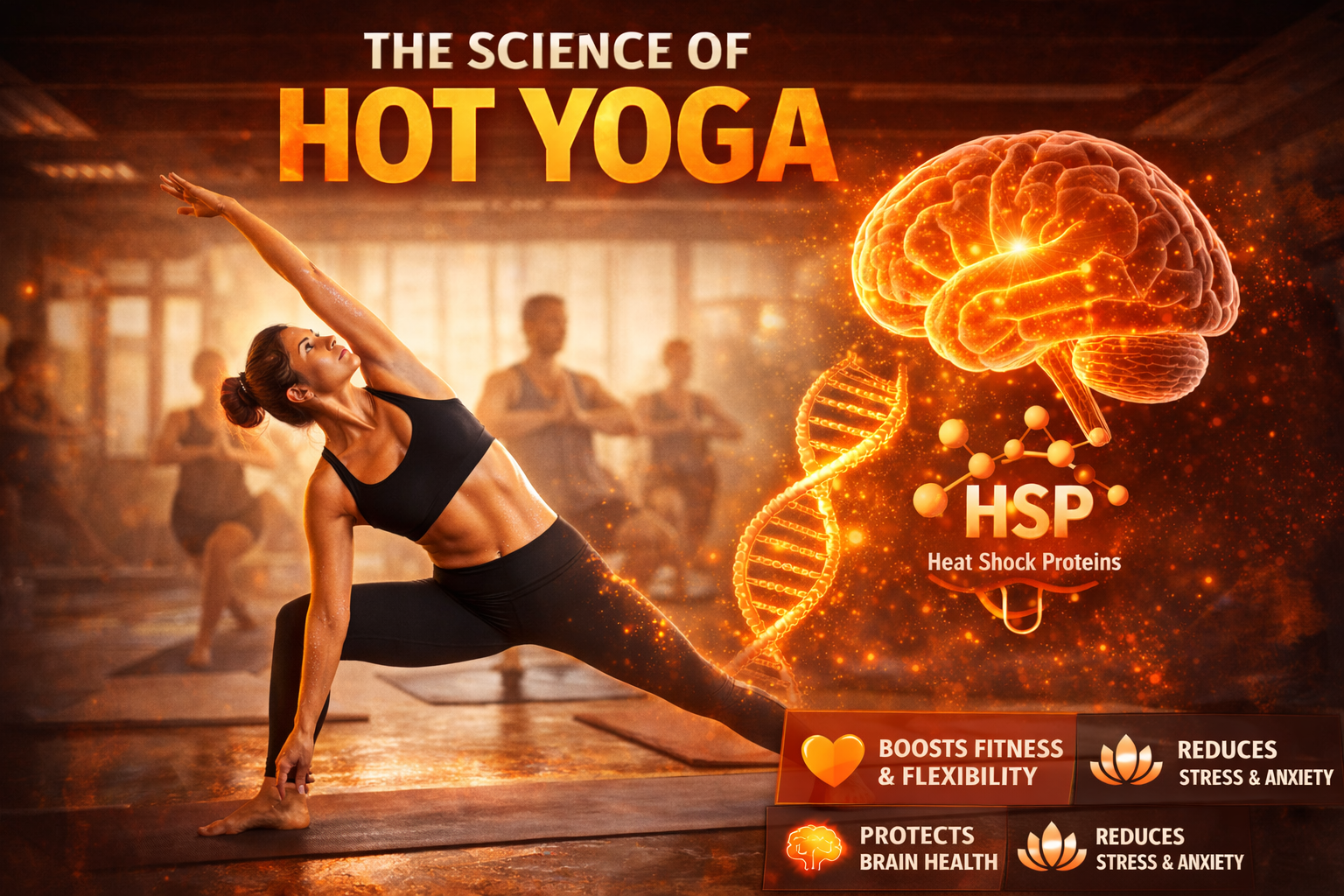Infographic titled The Science of Hot Yoga showing a yoga pose, a glowing brain, a DNA strand and heat shock protein benefits