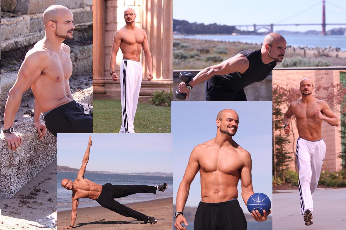 Collage of Route Fitness training sessions, including outdoor shots near the Golden Gate Bridge