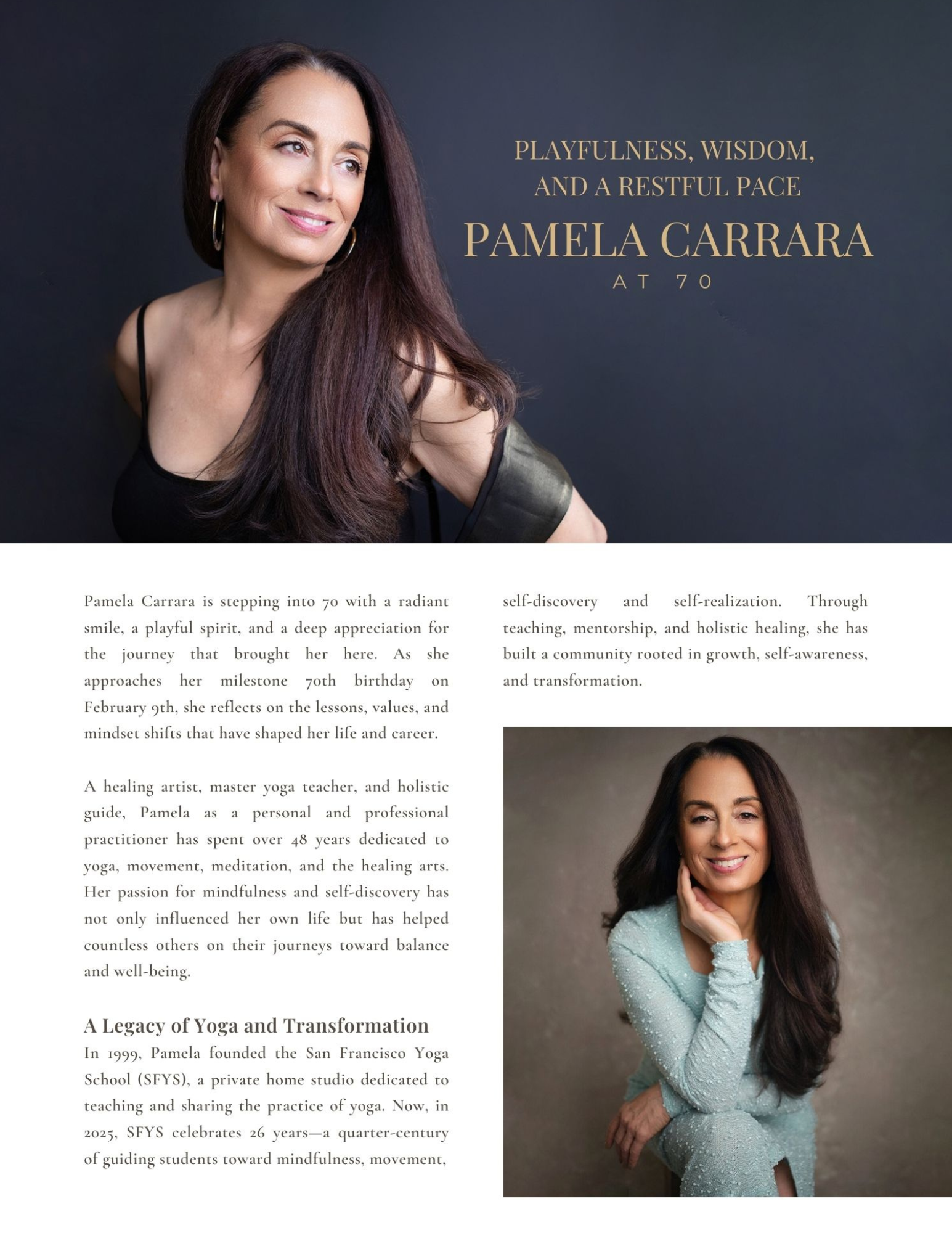 Magazine article page two — “Pamela Carrara at 70: Playfulness, Wisdom, and a Restful Pace”
