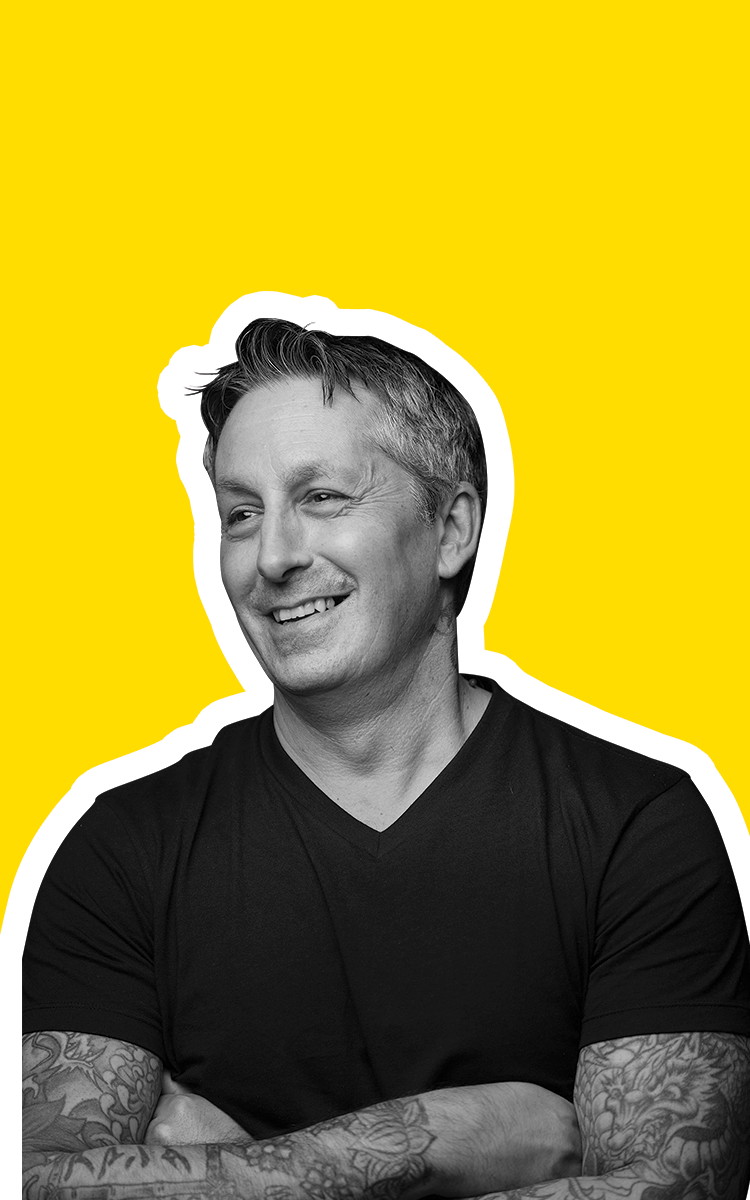 Chad Sarno, black-and-white cut-out portrait on yellow