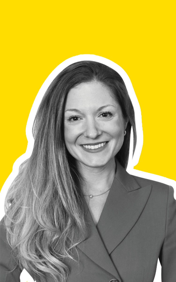 Rachel Dreskin, black-and-white cut-out portrait on yellow