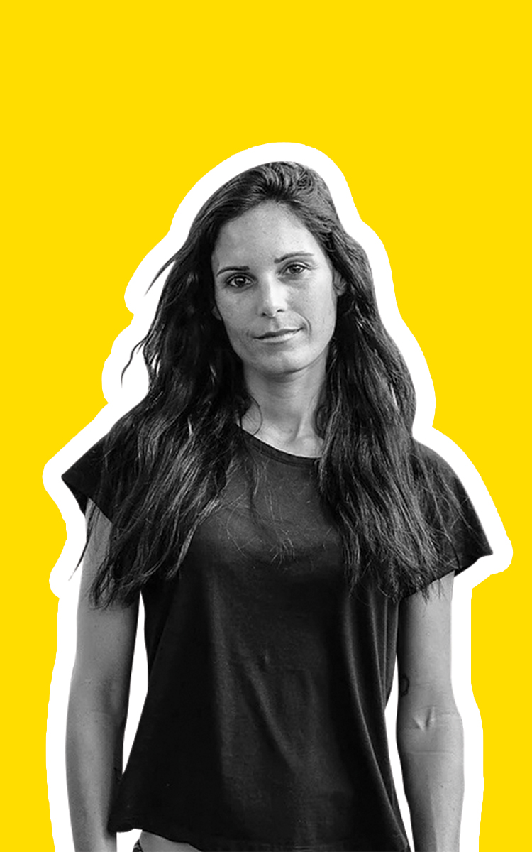 Veronica Menin, black-and-white cut-out portrait on yellow