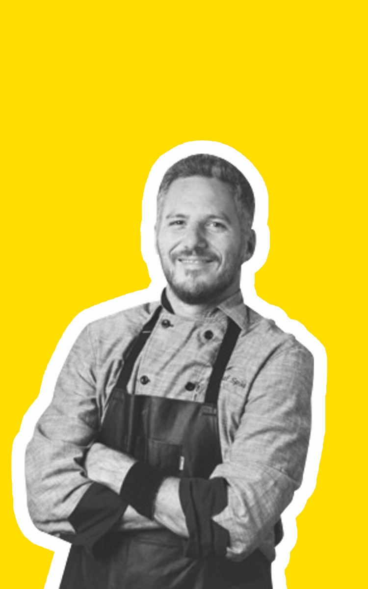 Derek Sarno, black-and-white cut-out portrait on yellow