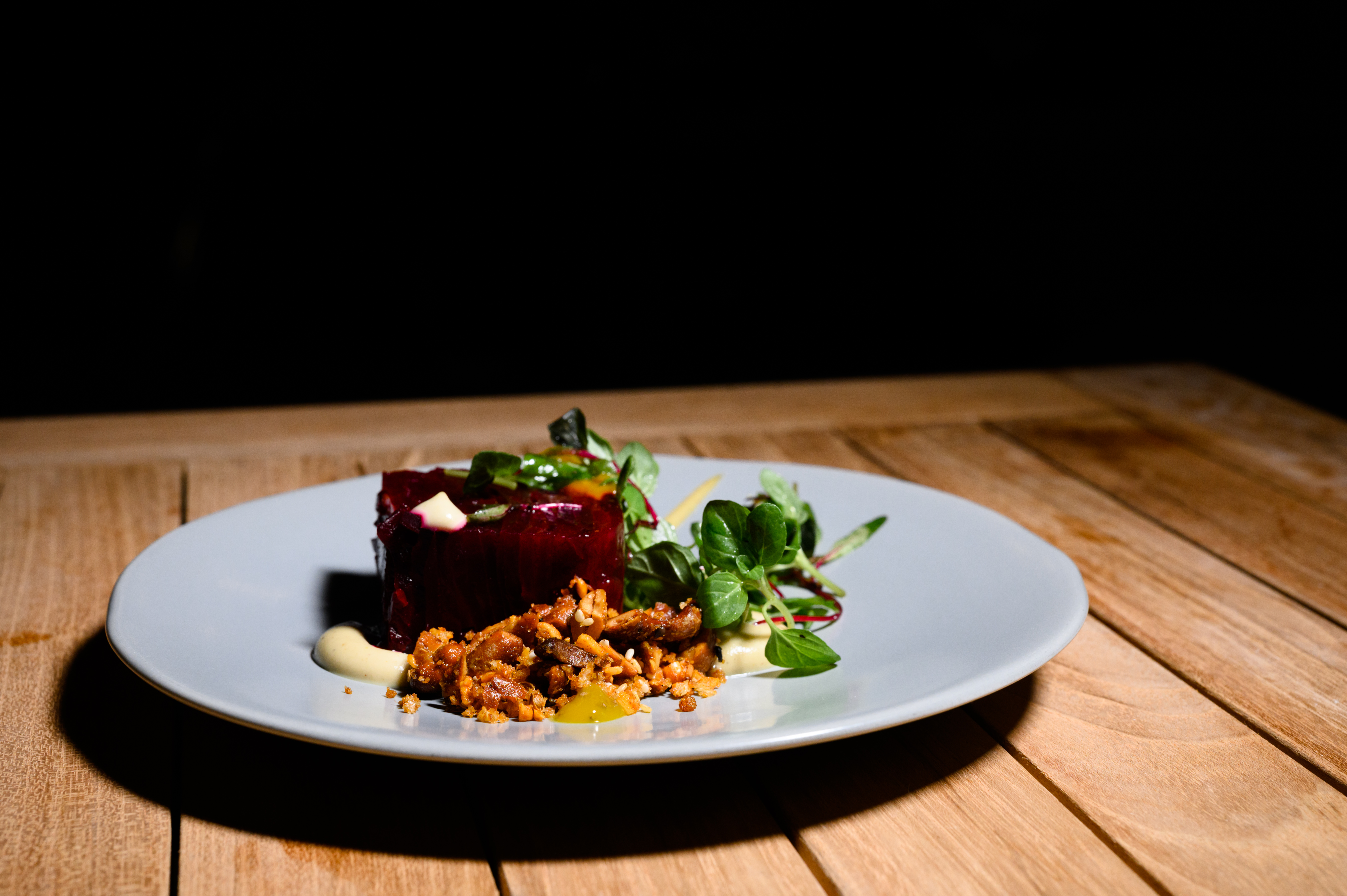 Plated beet tartare with microgreens