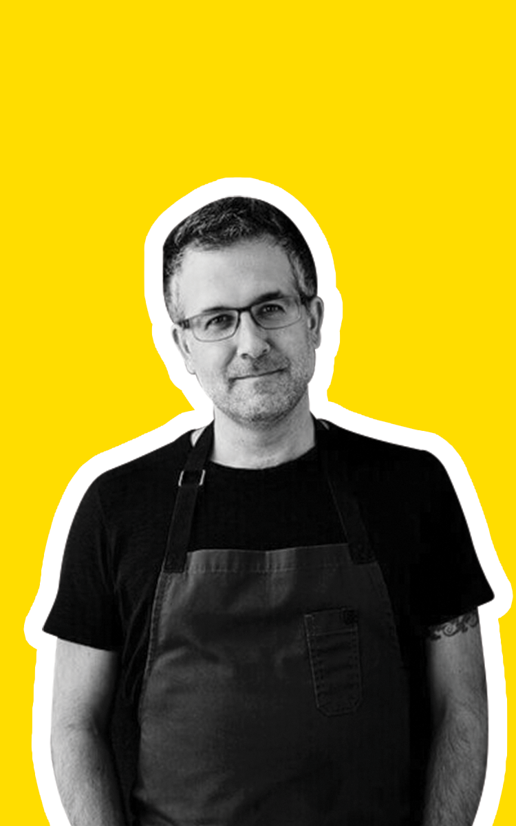 Spike Mendhelson, black-and-white cut-out portrait on yellow
