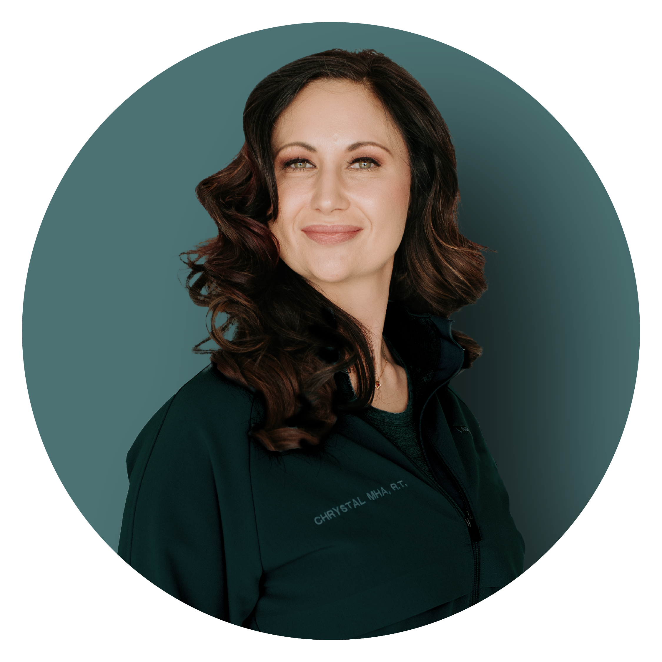 Chrystal Goldschmidt, woman with dark curly hair in a teal medical jacket