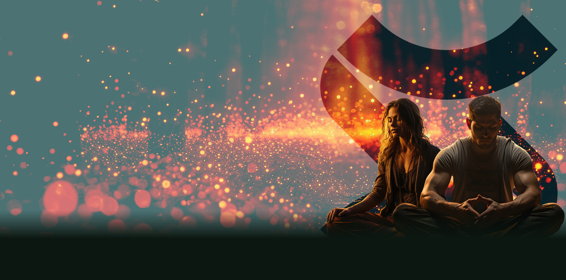 A woman and man meditating side by side against a teal background