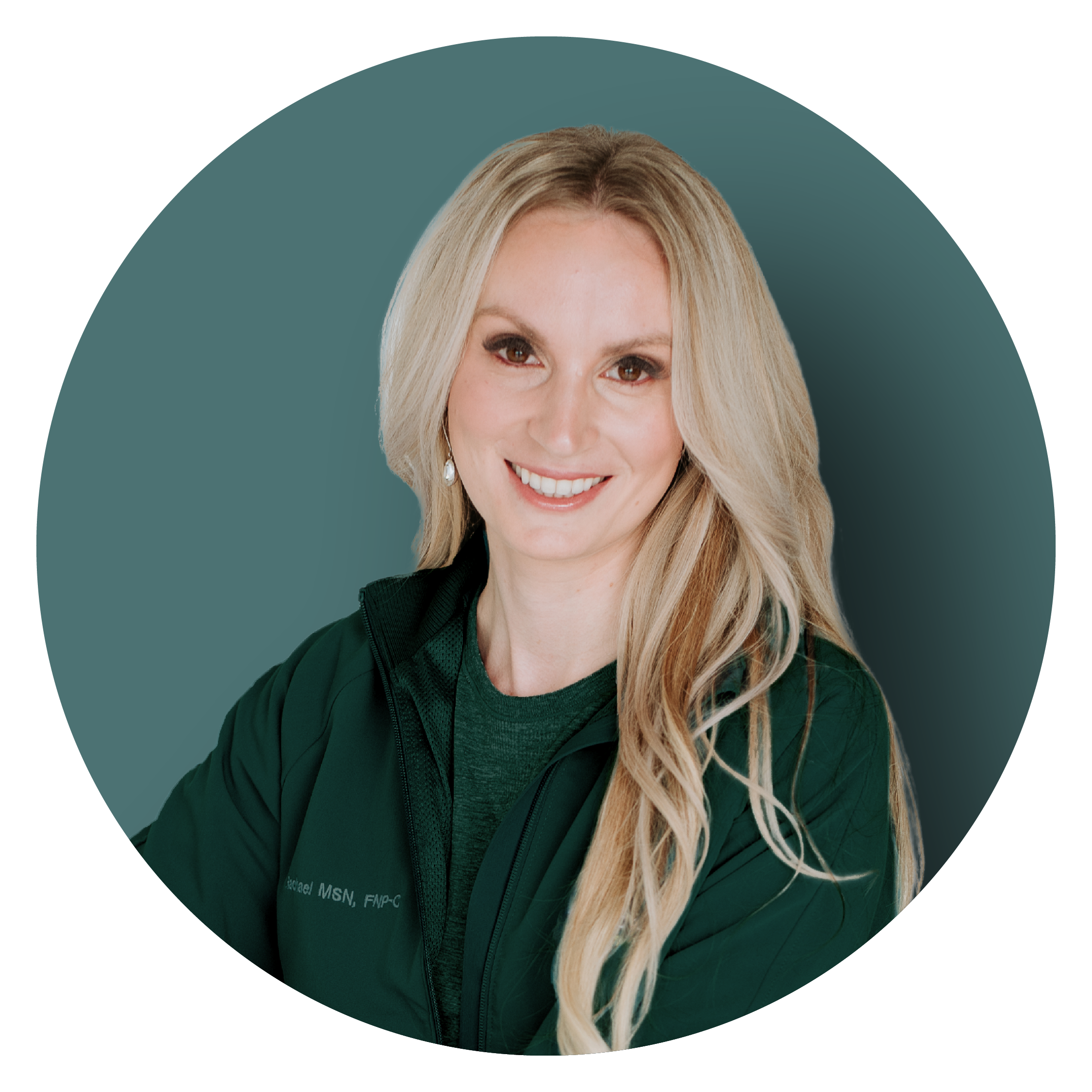 Rachael Kimpan, woman with long blonde hair in a teal medical jacket