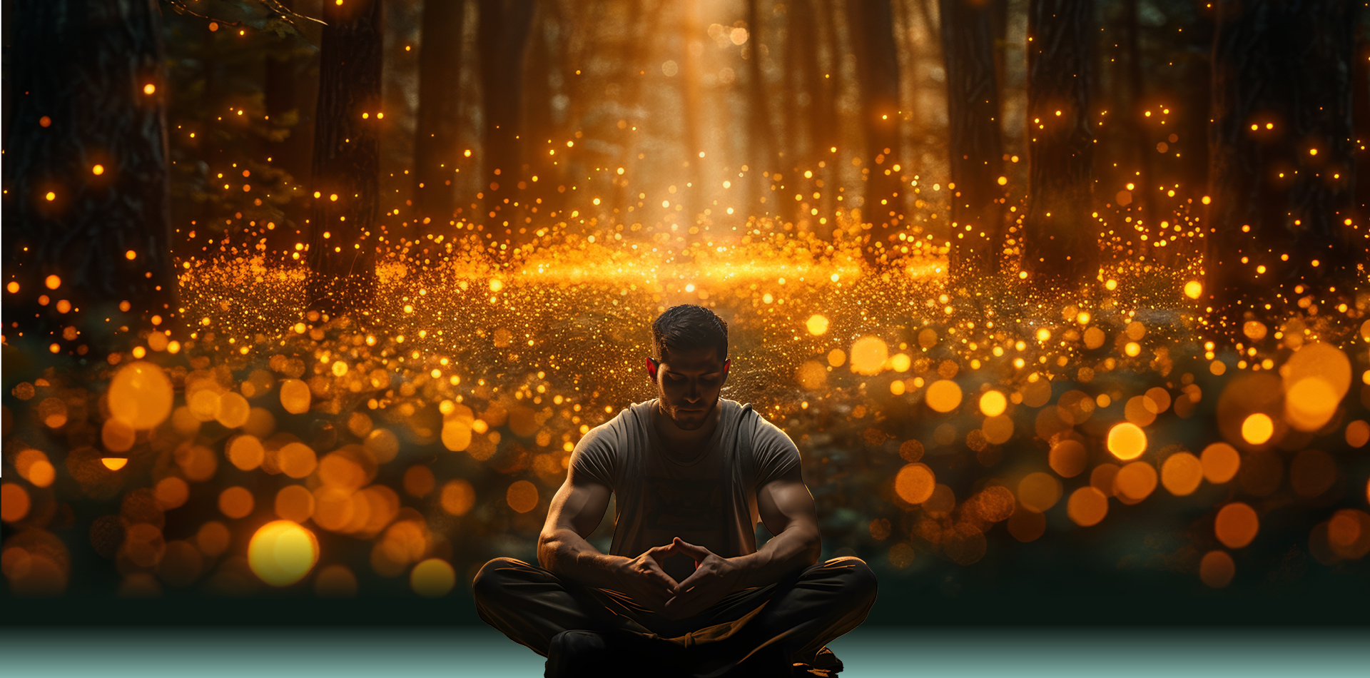 Man meditating cross-legged in a glowing golden forest with firefly lights