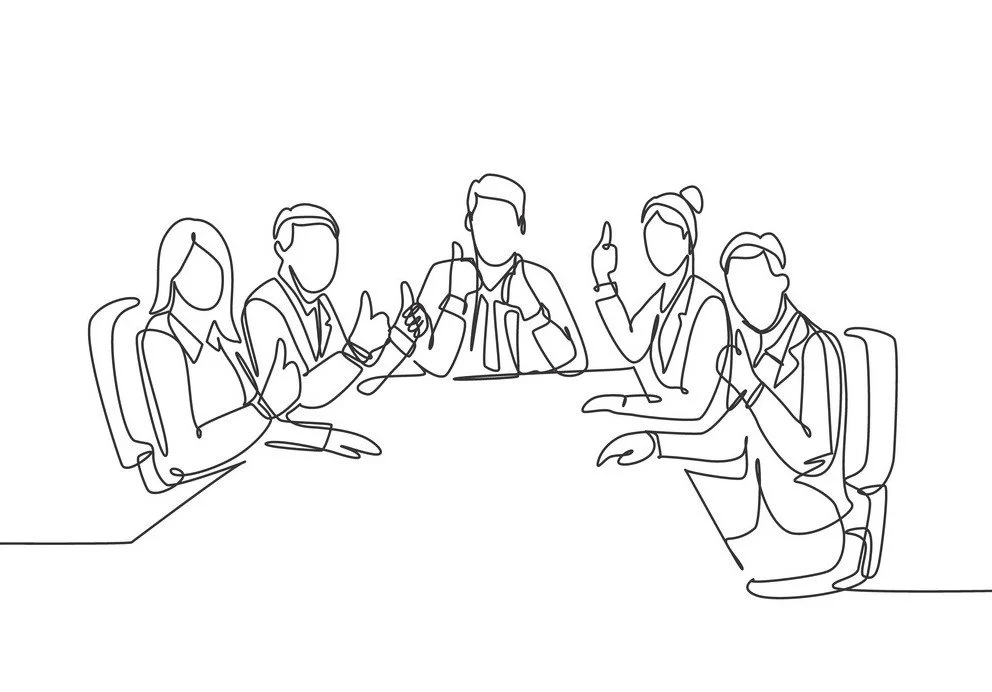 Continuous line drawing of five people around a conference table