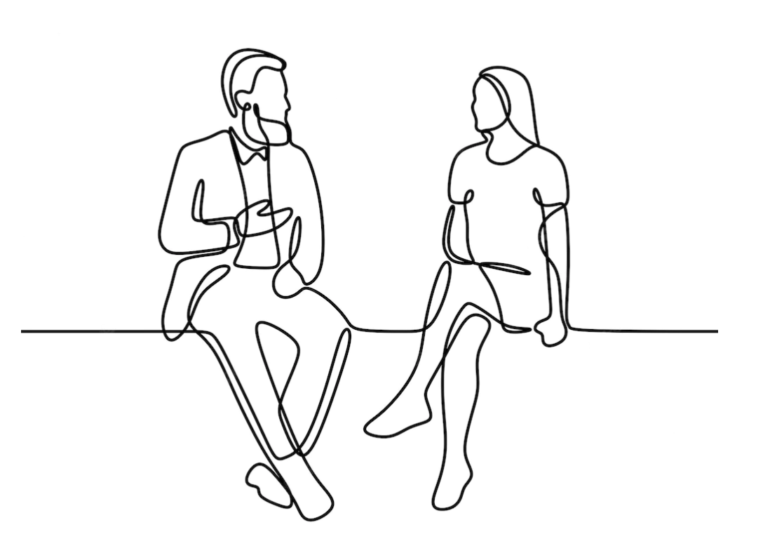 Continuous line drawing of two people sitting and talking