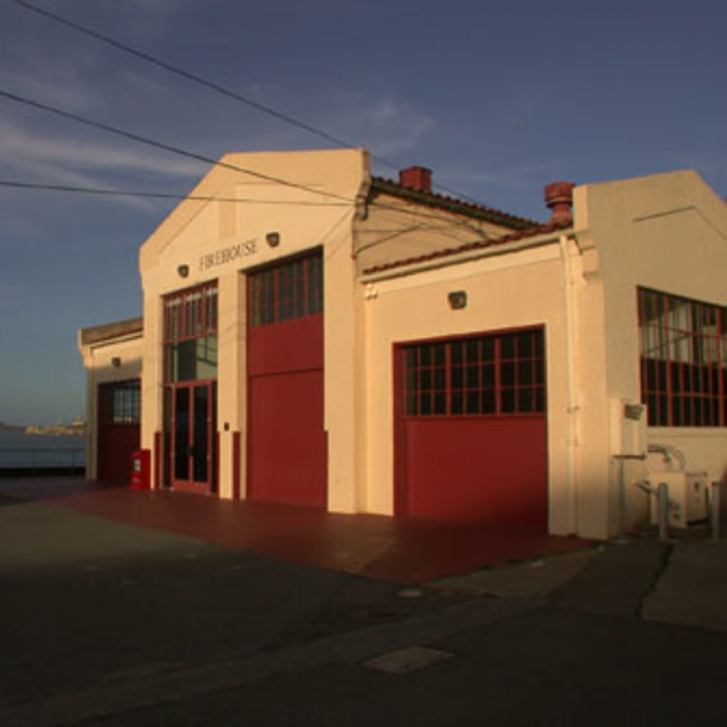 Fort Mason Firehouse building exterior at golden hour