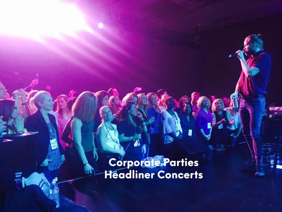 Indoor concert with a performer singing to a crowd under purple stage lighting