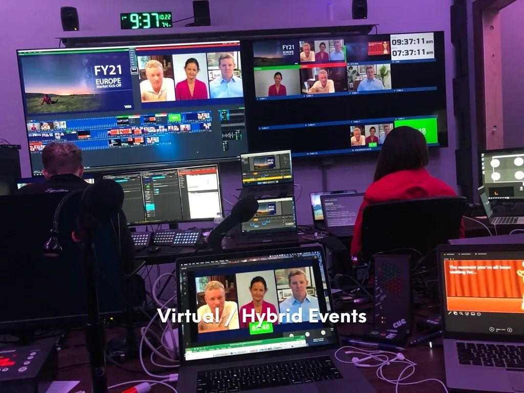 Video production control room with multiple broadcast monitors
