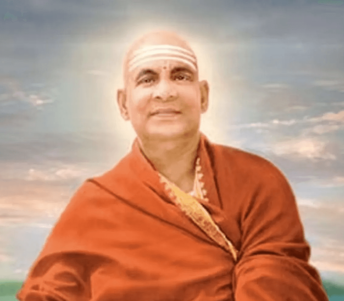 Painted portrait of Sri Swami Sivananda in a red robe