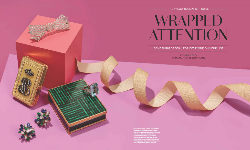 Magazine spread — The Avenue Holiday Gift Guide, Wrapped Attention, luxury jewelry and accessories styled on a pink background
