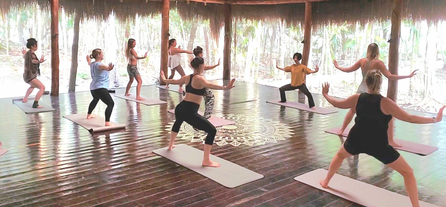 Qigong retreat class in a tropical open-air pavilion