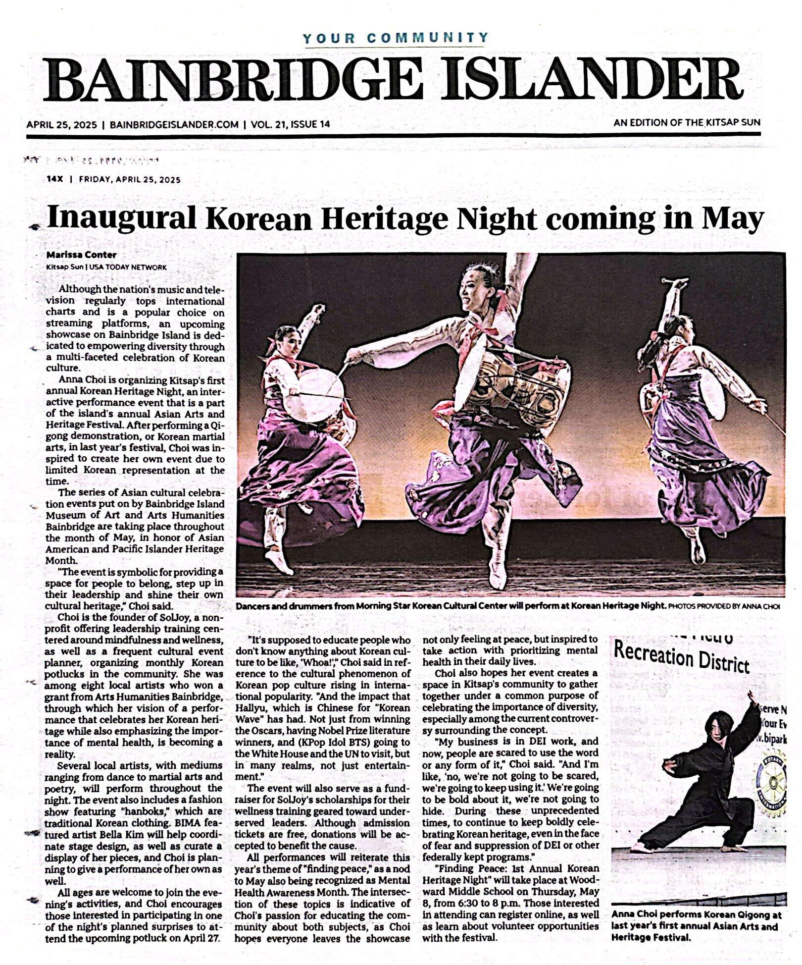 Bainbridge Islander newspaper feature on Anna Choi's Korean Heritage Night