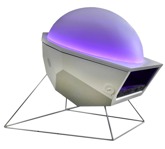 The Somadome wellness pod — a glowing purple dome on a geometric wire stand.