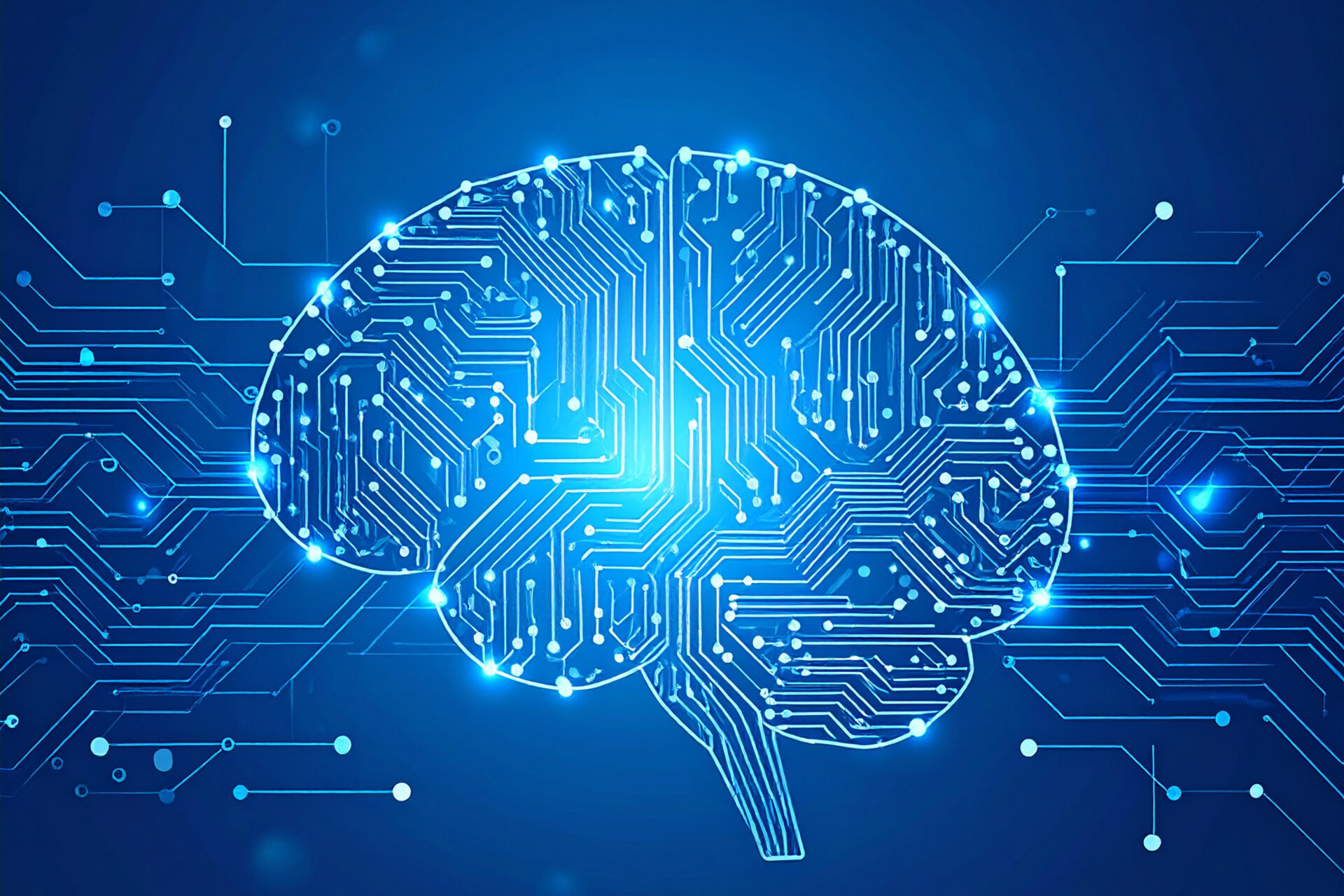 Illustrated human brain with a circuit-board pattern on a blue background