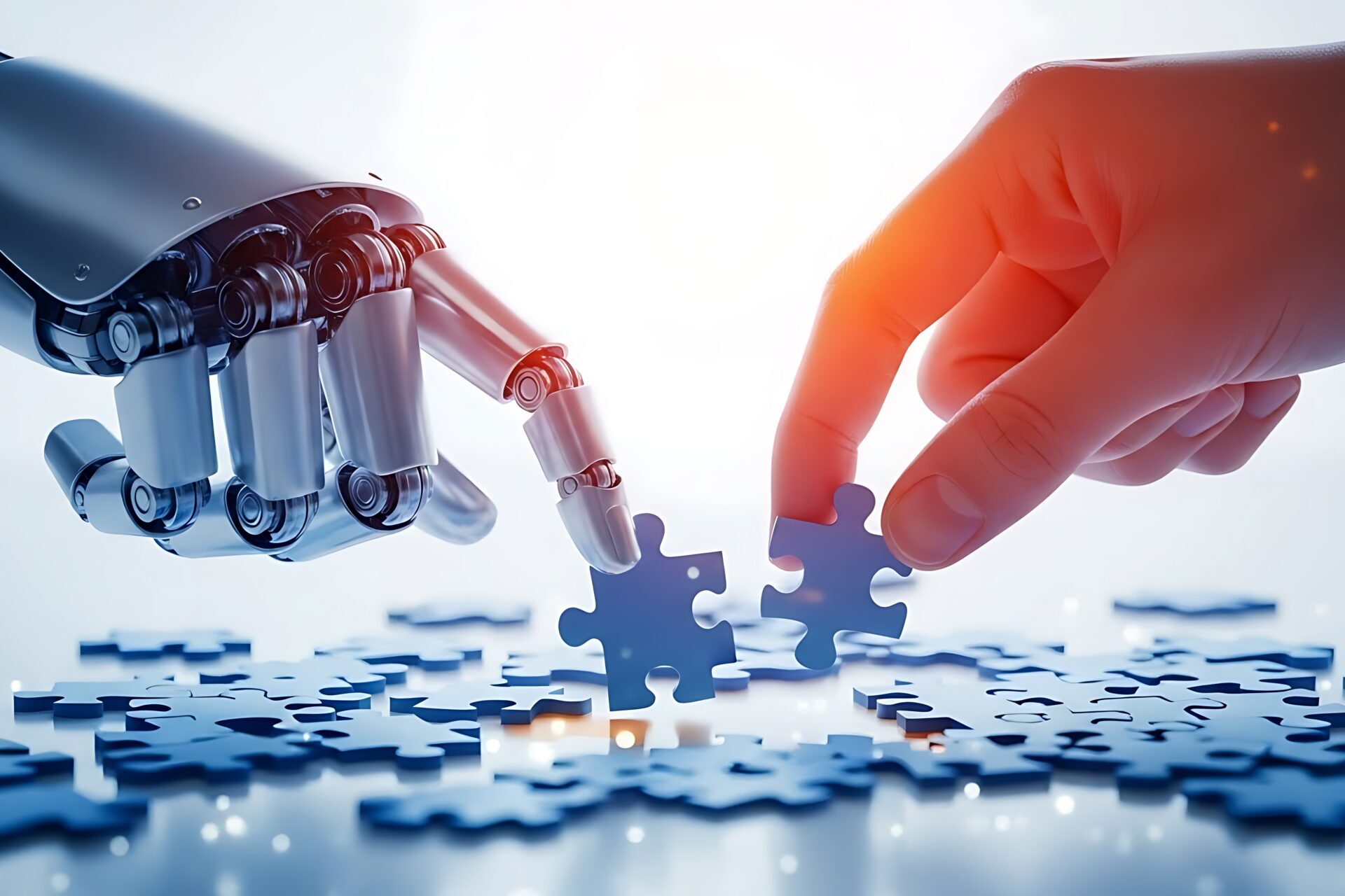 A robotic hand and a human hand joining puzzle pieces