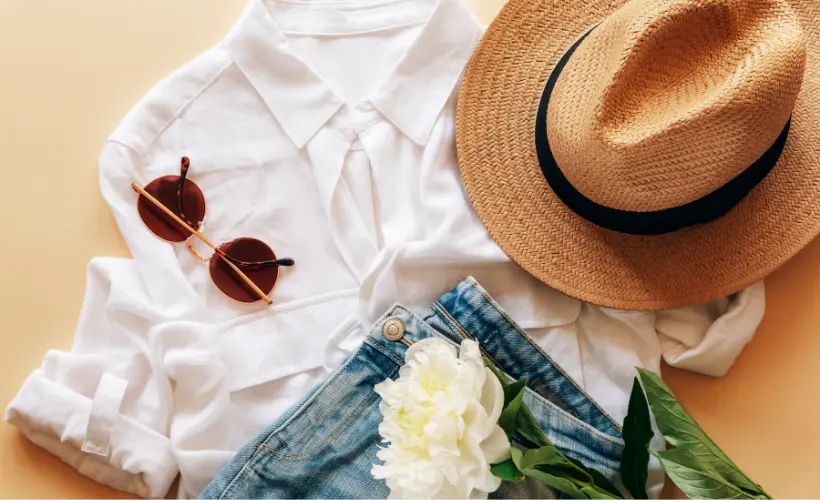 Flat-lay of summer essentials: white linen shirt, straw fedora, sunglasses, denim and a white peony