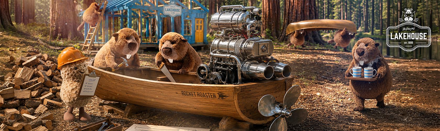Jellycat plush beavers building the Rocket Roaster boat in a forest lakehouse set