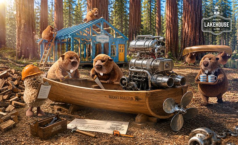 Jellycat plush beavers building the Rocket Roaster boat in a forest setting